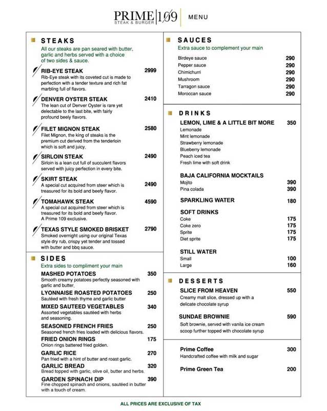 Prime 109 menu