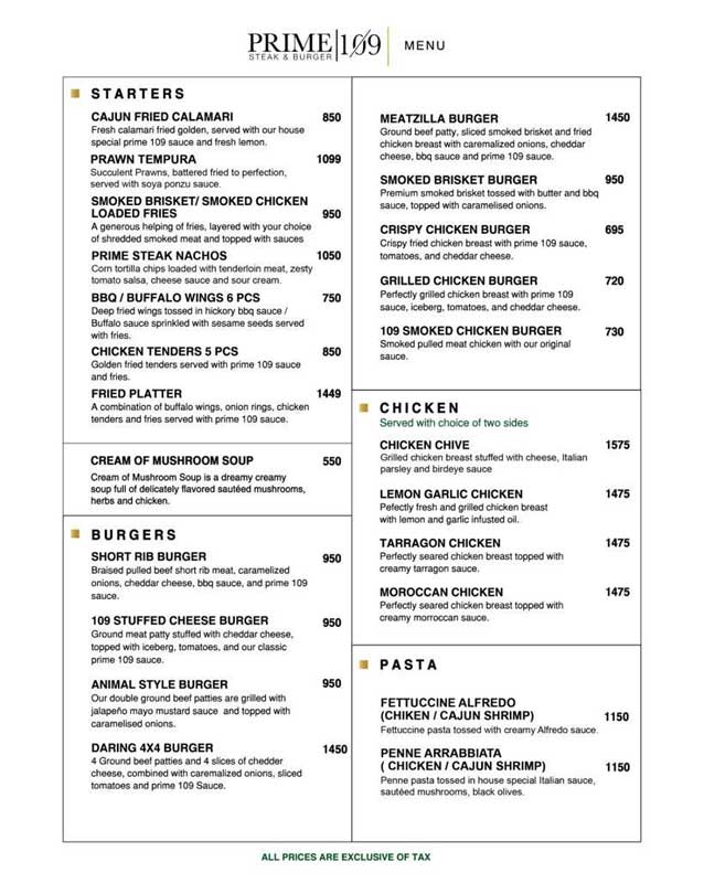 Prime 109 menu