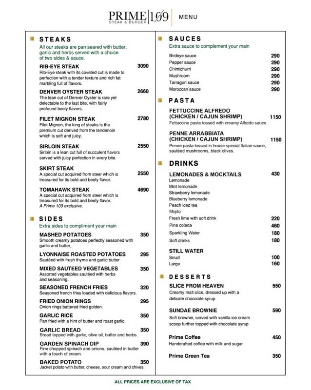 Prime 109 menu