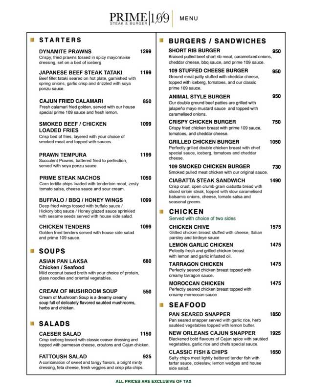 Prime 109 menu