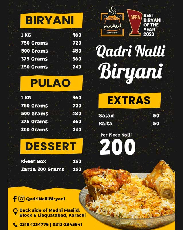 Qadri Nalli Biryani menu