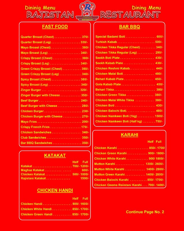 Rajistan Restaurant menu