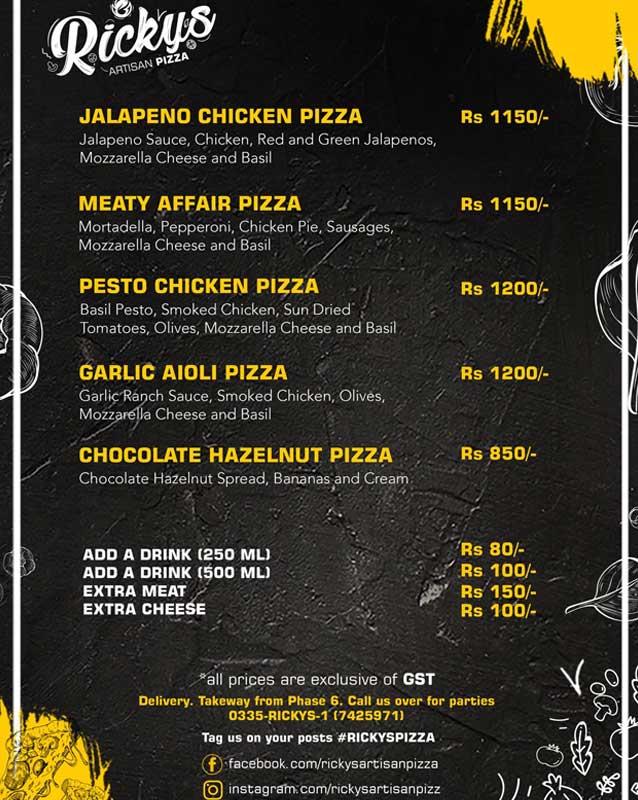 Ricky's Artisan Pizza menu