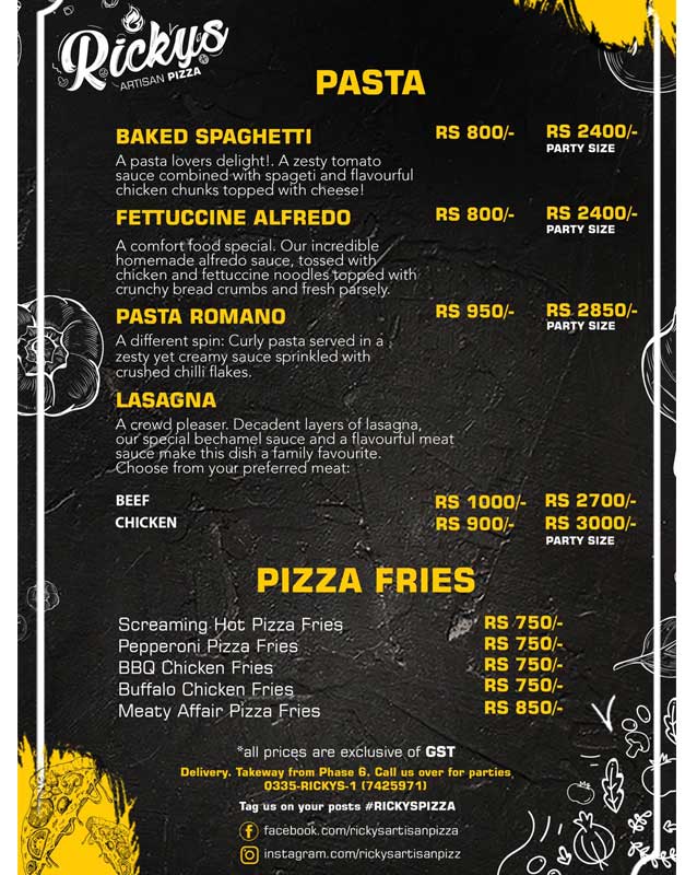 Ricky's Artisan Pizza menu