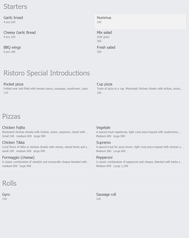 Ristoro menu