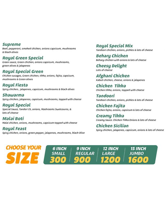 Royal Green Pizza menu