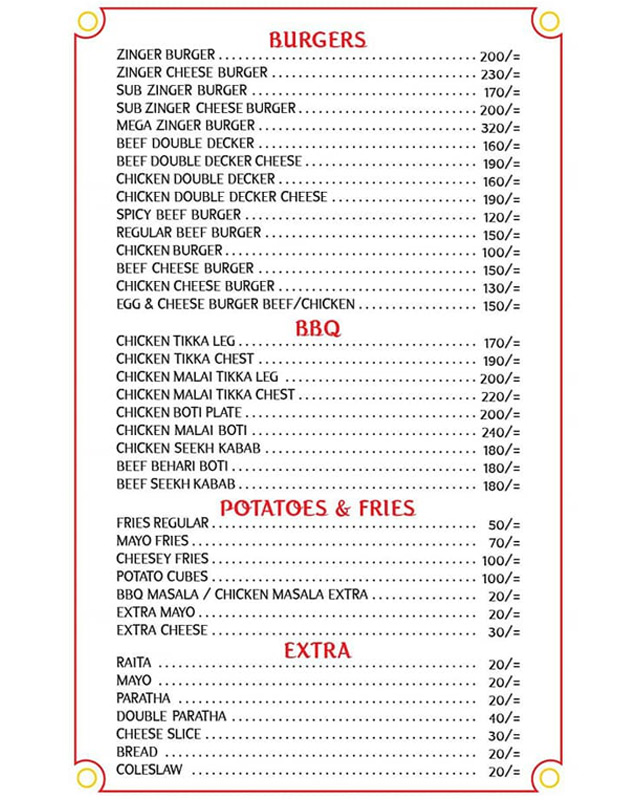 RT Fast Food menu