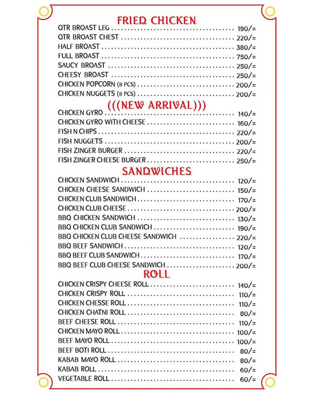 RT Fast Food menu