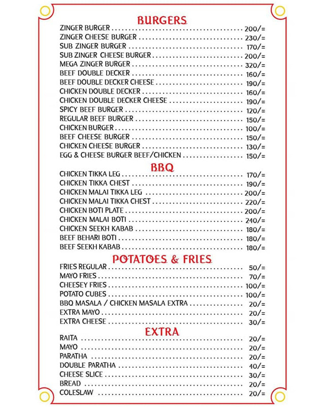 RT Fast Food menu