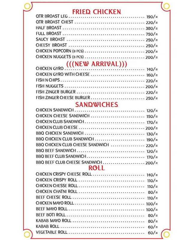 RT Fast Food menu