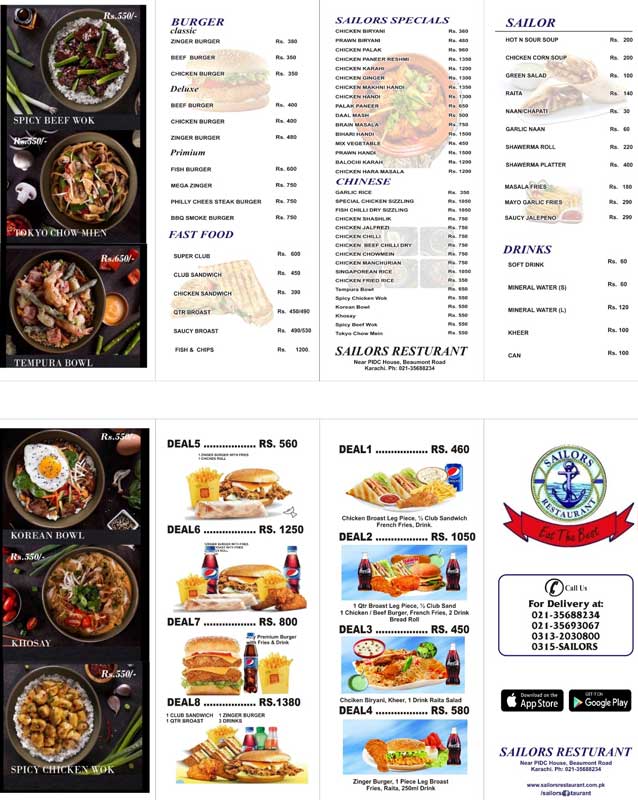 Sailors Restaurant menu
