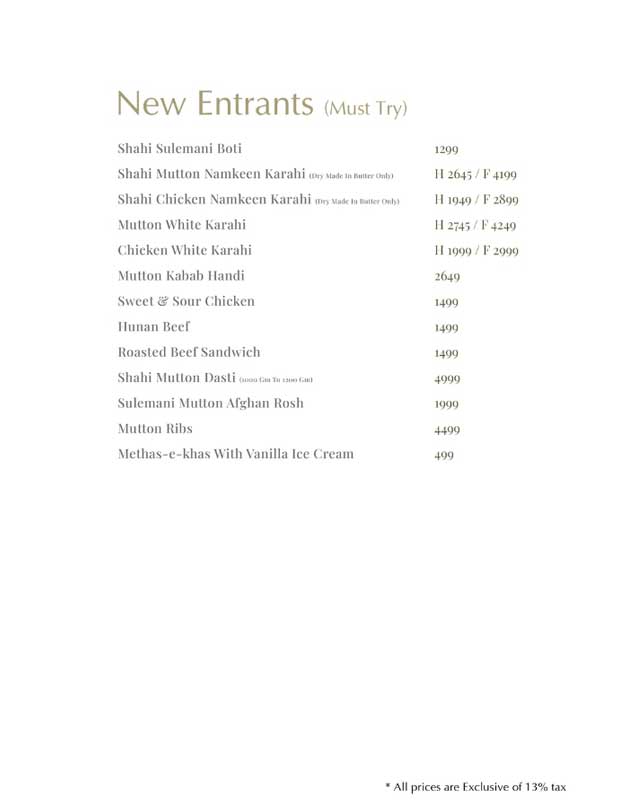 Saltanat Restaurant menu