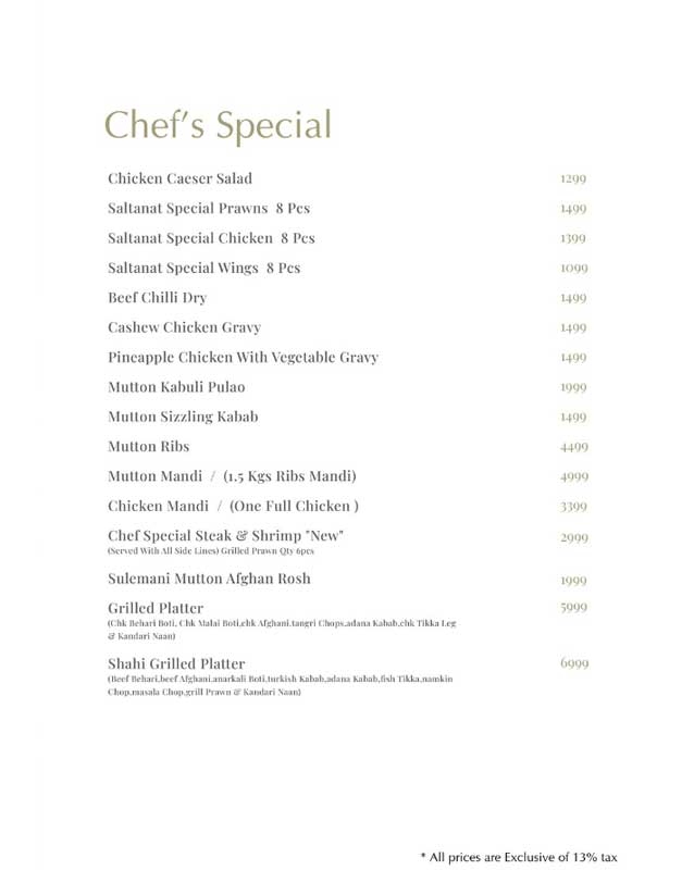 Saltanat Restaurant menu