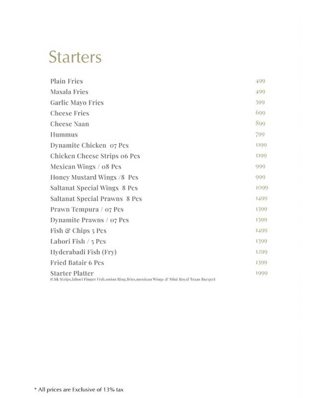 Saltanat Restaurant menu