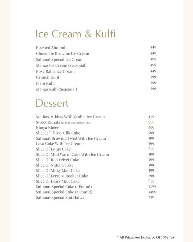 Saltanat Restaurant menu