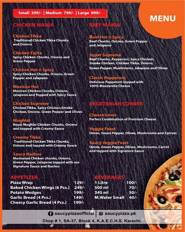 Saucy Pizza menu