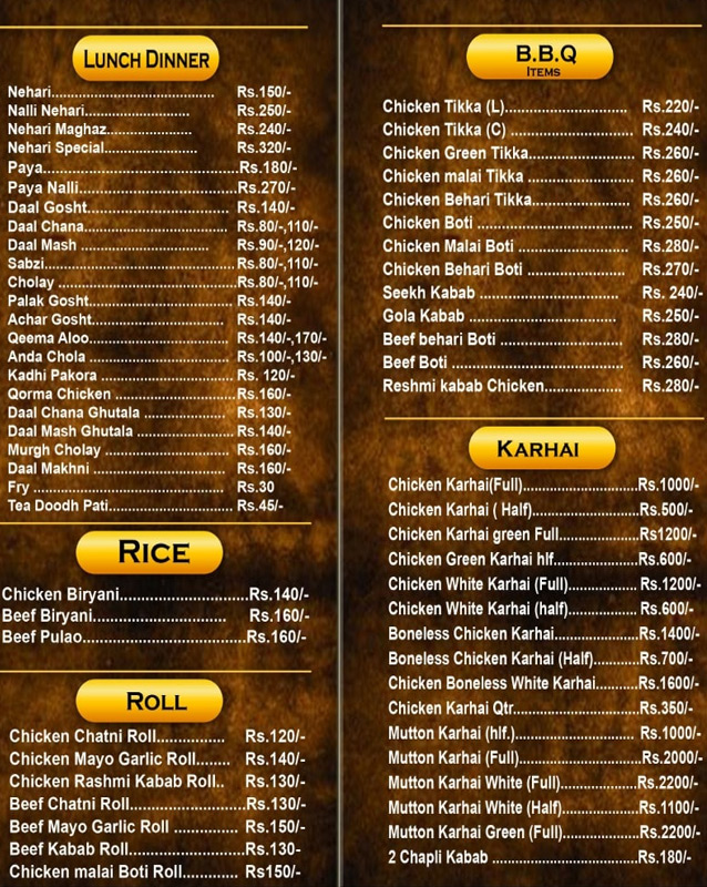 Shafiq Restaurant menu