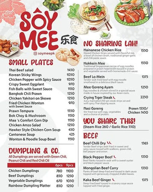Soy Mee menu