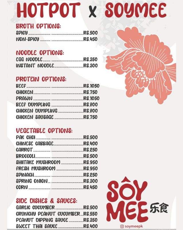 Soy Mee menu