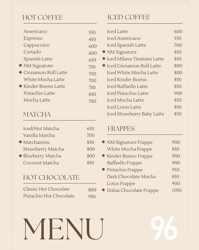 96nm Coffee menu